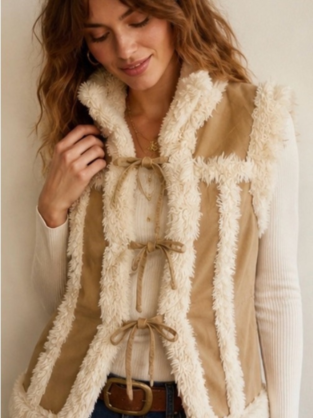 Anthropologie Twill 22 Penny Lane Sherpa Y2K Boho Vest Tan Cream Sz M XS Fit